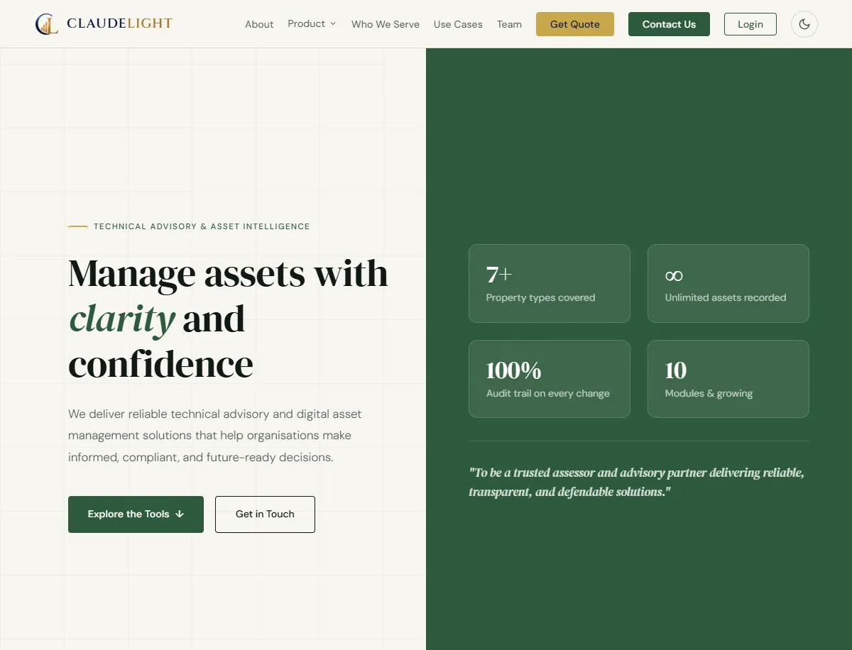 ClaudeLight website, home page