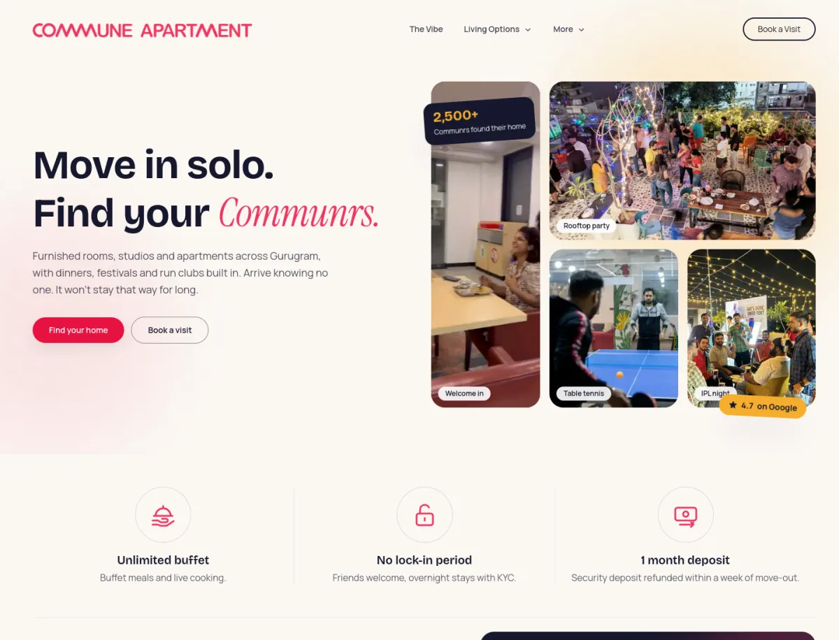 Commune Apartment website, home page